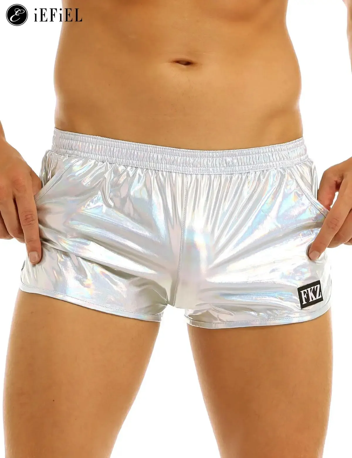 Hommes holographique brillant métallique Boxer slips décontracté lâche salon Shorts sous-vêtements mode maillot de bain maillot de bain bikini 240228