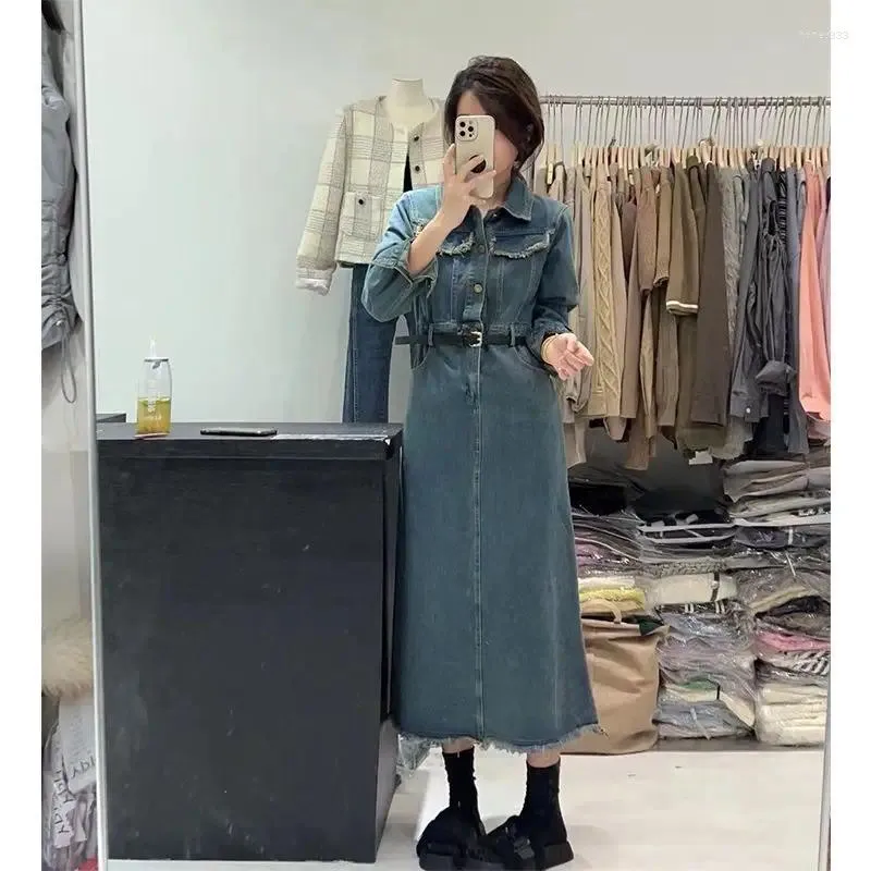 Sukienki swobodne 2024 Autumn Fashion Vintage Slim Dress Woman Denim Dżinsy żeńskie długie rękawy niebieskie vestidos v369