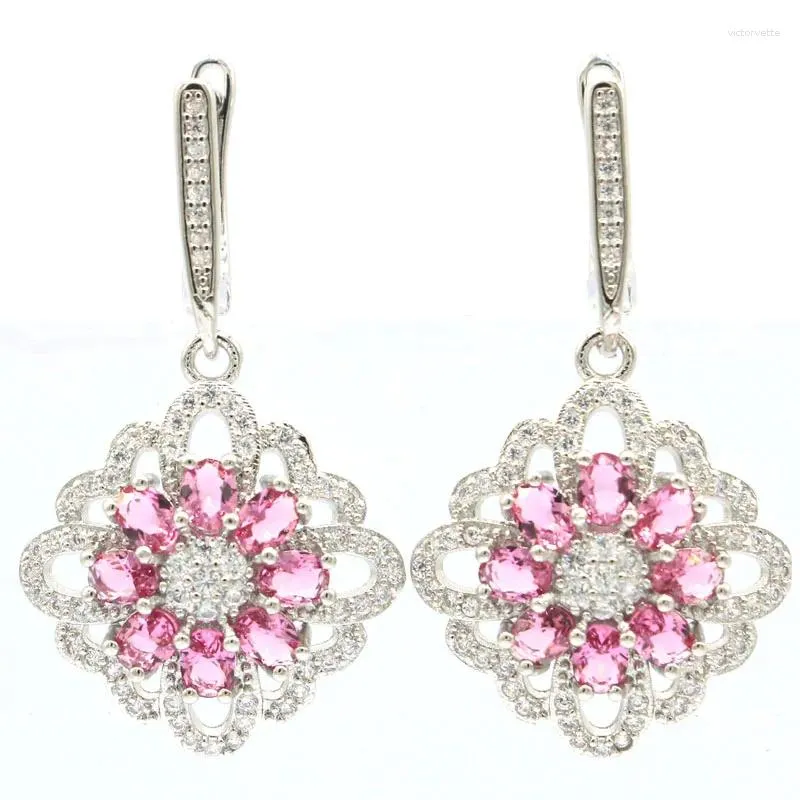 Pendientes colgantes de 38x21 mm, joyería altamente recomendada de turmalina rosa y circonita blanca para mujer, plata