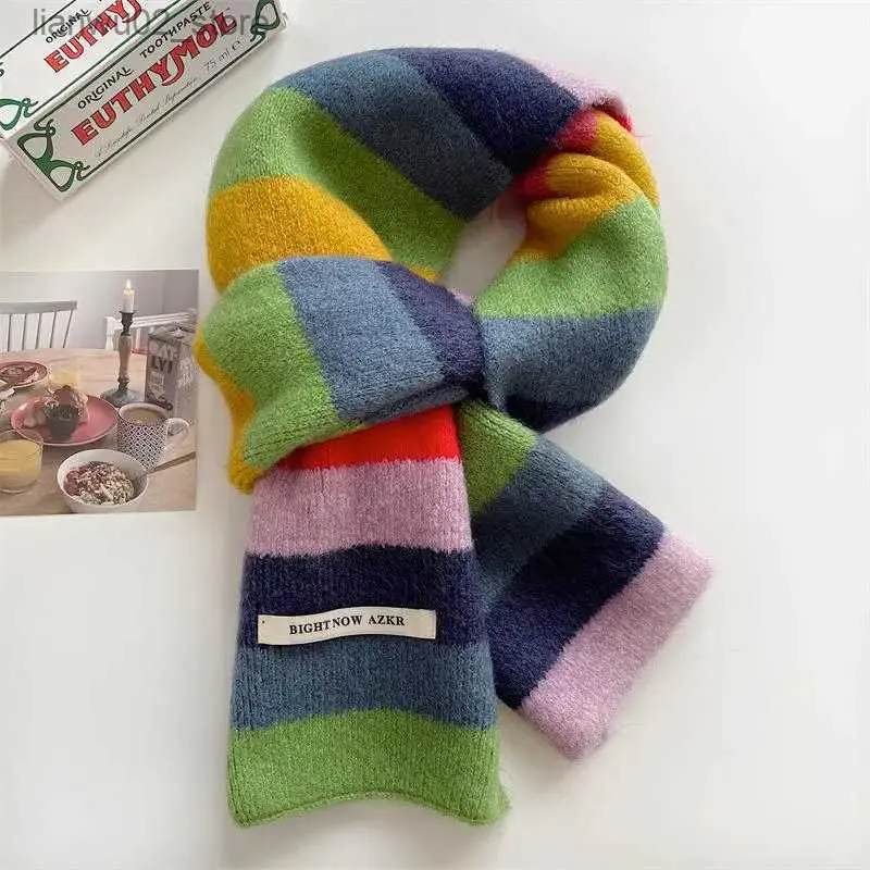 Scarves Rainbow striped Mohill scarves for men and women in winter colored blocking stripes wool short scarves for students warm short scarves Q240228