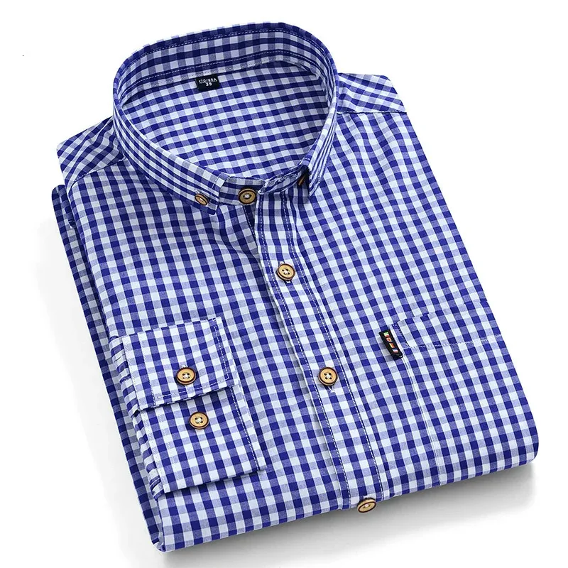 Мужская хлопчатобумажная рубашка в полоску с длинным рукавом на пуговицах и длинными рукавами, качественные повседневные клетчатые классические рубашки с одним накладным карманом 240220