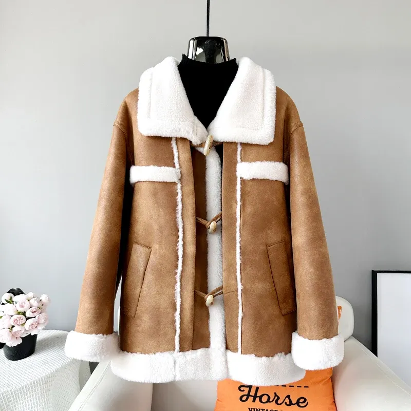 Pele senhora menina genuína pele curto quente jaqueta feminina ovelhas shearling lapela gola casaco de inverno jt3439