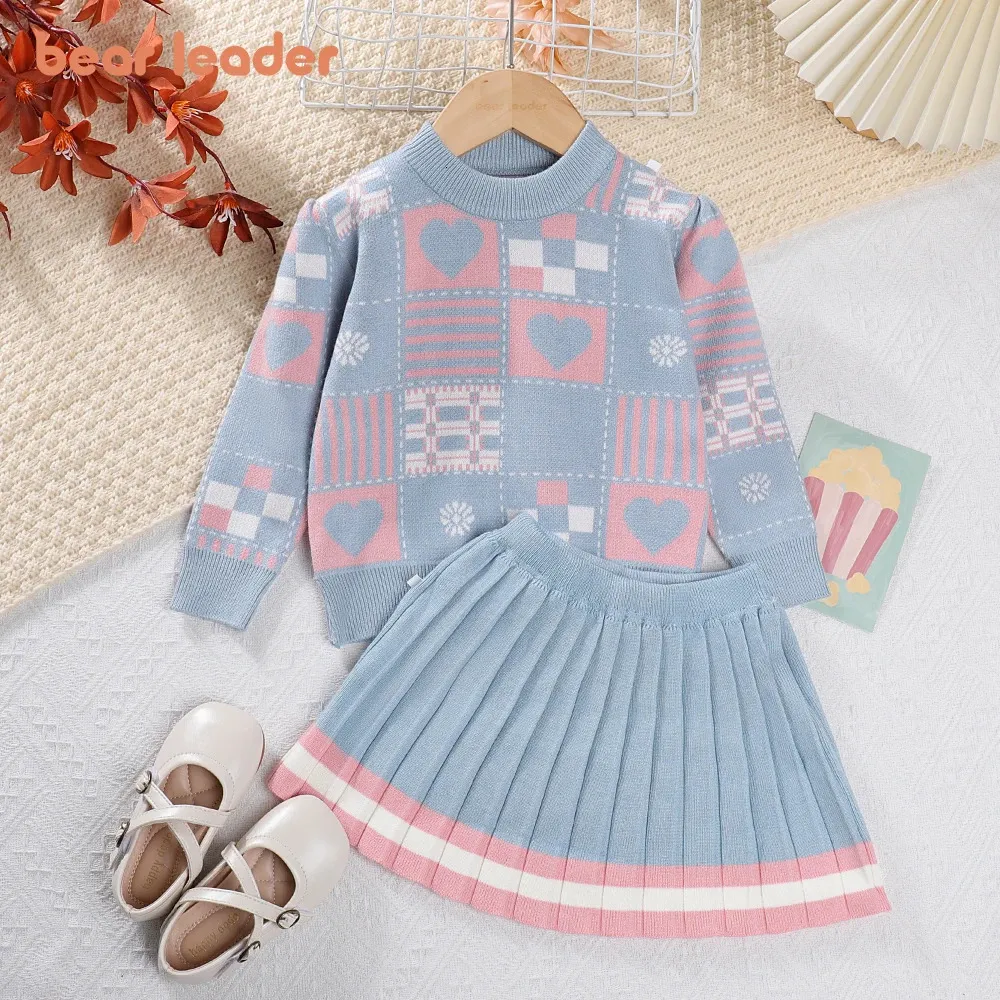 Bear Leader Girls Sweater Sets 2023 AutumnWinter Knit Set Geometric Printed TopStriped Pleated Skirt Two Piece 240226