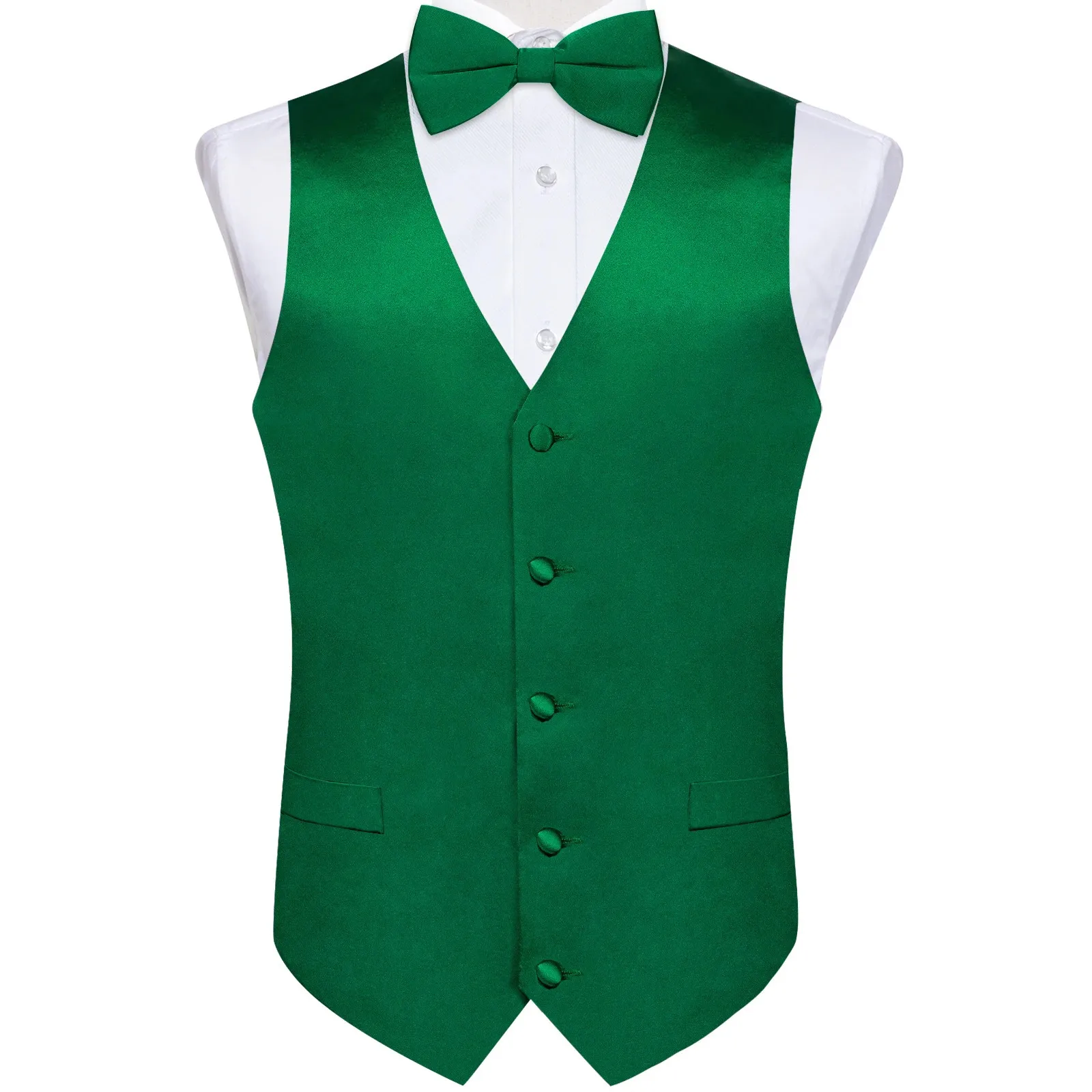 Saten Katı Yeşil Yelek Erkekler İçin İpek Takım Preted Bow Tie Set Düğün Busines Resmi Smokin Kolsuz Erkek Yelek Blazer 240228
