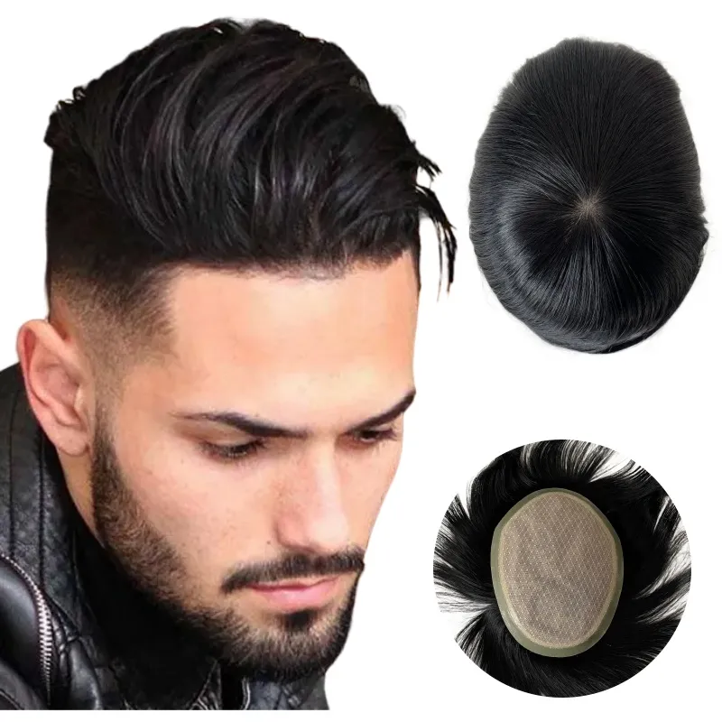 6 Inch Indian Virgin Menselijk Haar Vervanging 12x17cm Volledige Zijde Basis Met PU Omtrek Mannen Toupetje voor blanke Mannen