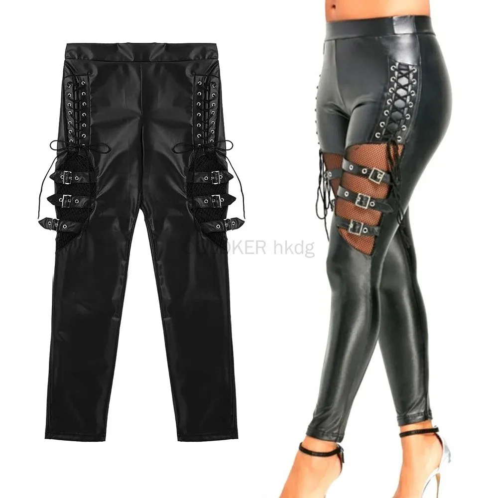 Calças coldker mulheres lápis calças meados de cintura gótico punk rendas até leggings finas fishnet calças de couro falso calças justas