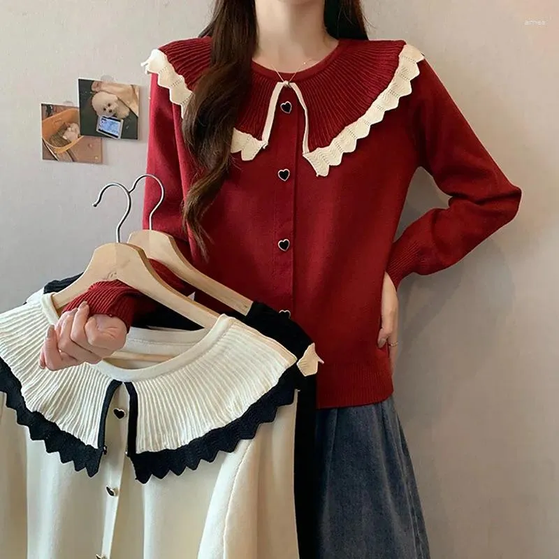 女性用セーターかわいい人形襟単色プルーバーシンプルシングル胸の女性2024春のニットウェア韓国語バージョンデザインセンスセーター