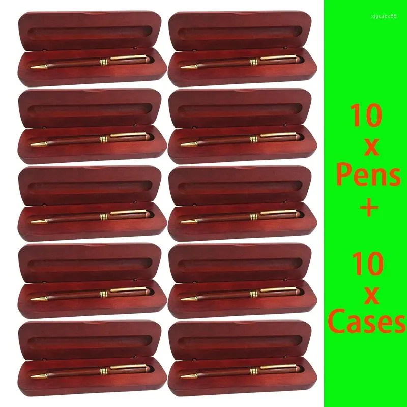 10Sets Wooden Pen Boxes With Ballpoint Pens Wood Display Storage Box Organizer