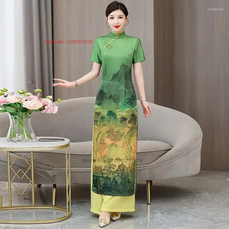 Etnische Kleding 2024 Chinese Vintage Jurk Verbeterde Cheongsam Oosterse Banket Avond Qipao Nationale Bloemenprint Broek Set