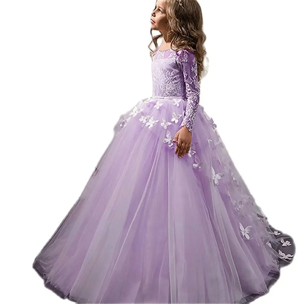 Dresses Fancy Flower Baby Girl Dress Child Long Sleeves Butterfly Pink Mesh Ball Gowns Kids Holy Communion Dresses 114 Year Old