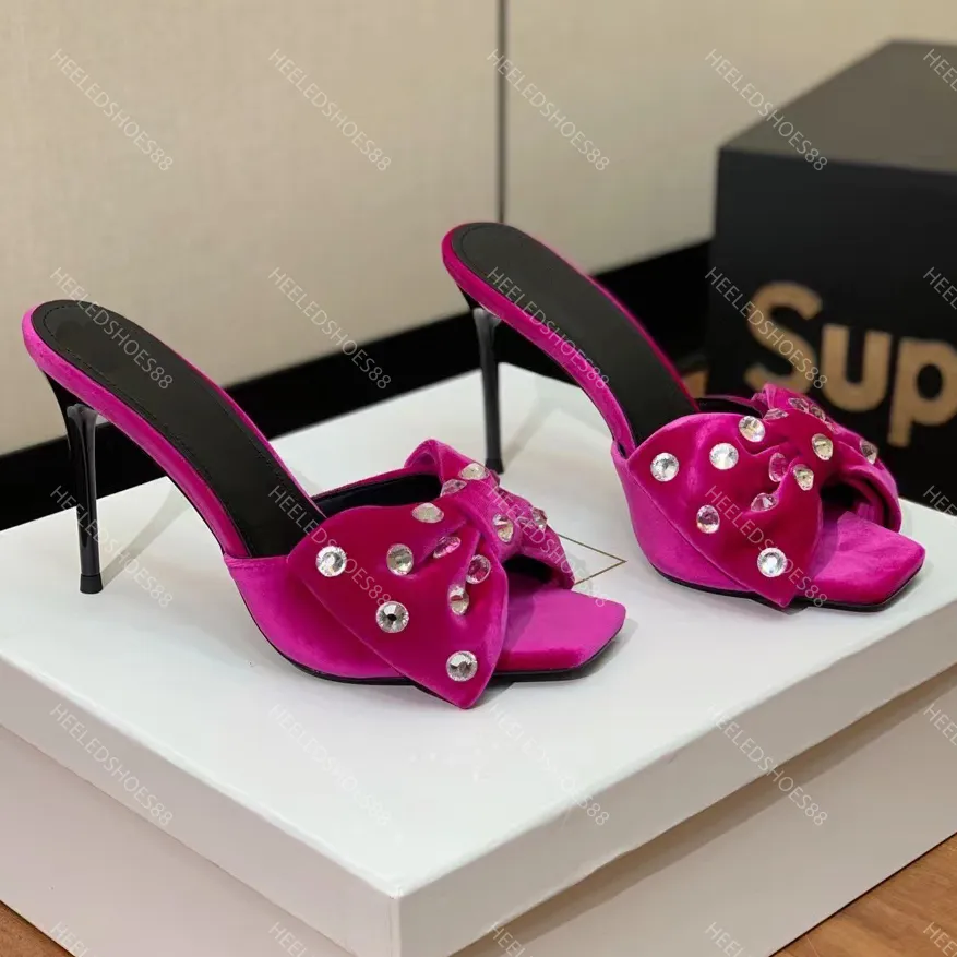 Rhinestone slippers designer shoes sandals stiletto heel slides 2024new Top quality 9.5CM high heeled shoes Fashion Square toe womens Slipper 35-42
