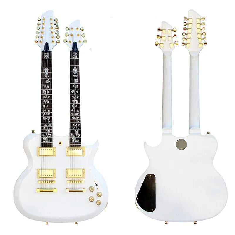 Guitare électrique blanche Acepro à double manche sculptée avec incrustation de tige personnalisée en ormeau