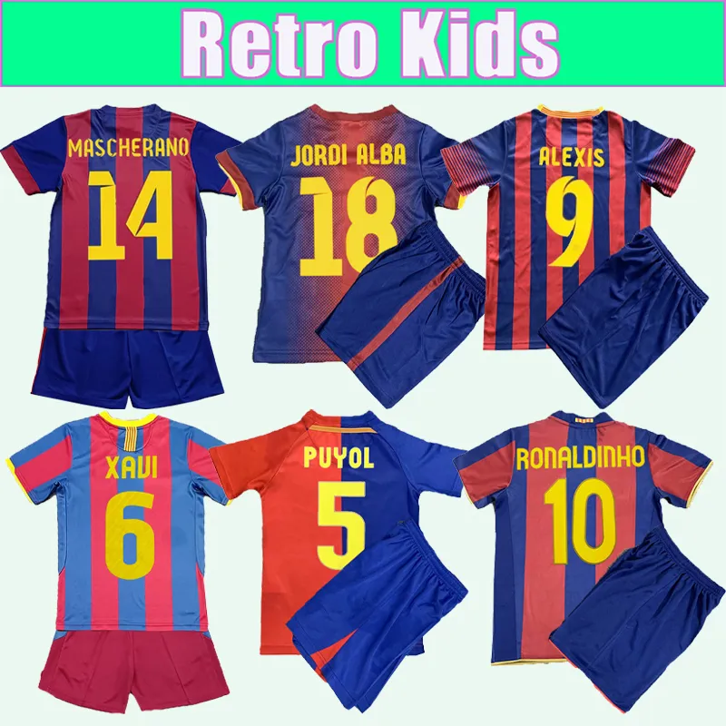 2005 2015 RONALDINHO Kids kit Retro Soccer Jerseys ALEXIS XAVI PUYOL MASCHERANO JORDI ALBA A. INIESTA PEDRO Home Football Shirts