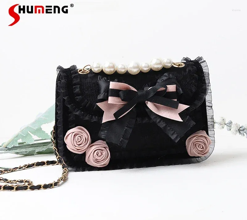 Школьные сумки Lolita JK, черные, розовые, оригинальные, милые, универсальные, маленькая квадратная сумка с жемчугом, милая крутая сумка-мессенджер через плечо для женщин