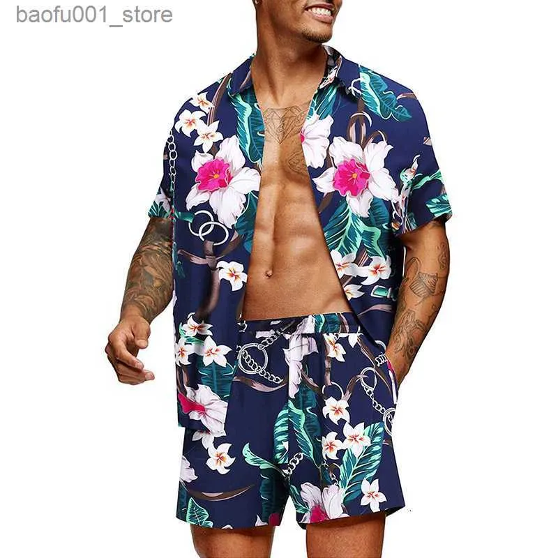 Herrspårar män män hawaiian set sommarband tryckning kort ärm knapp skjorta strand shorts två set casual semester resa 2 bit kostym 230206 Q240228