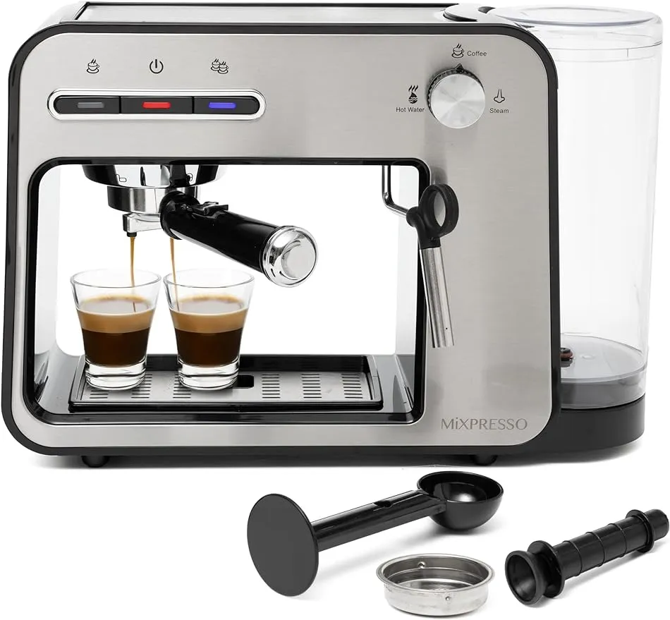 Mixpresso Espressomaschine 15 Bar mit Milchaufschäumer, Dampfstab, Espressomaschine mit Doppeltassen-Splitter, 1450 W, schnell aufheizende Cappuccino-Latte-Maschine, 37 Unzen Wassertank