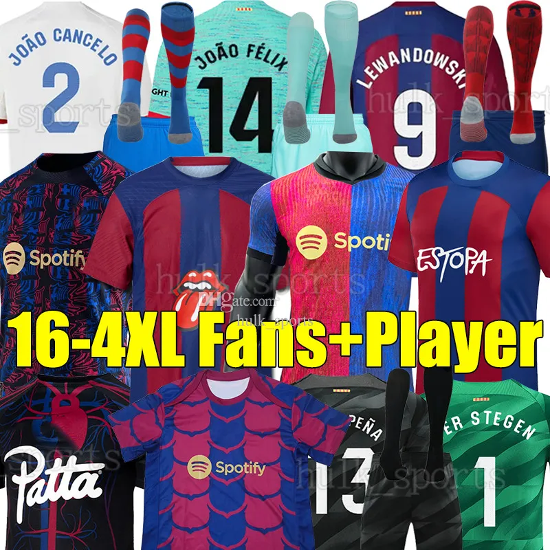 4xl Joao Felix Cancelo Soccer Jerseys 23/24 Rolling Stones Lewandowski Pedri Gavi Camisetas de Football Shirt Ferran Raphinha F. de Jong Men Kids Kit Sock Barcelonas