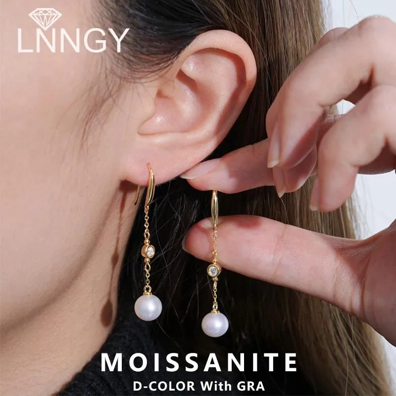 Boucles d'oreilles Lnngy 3MM Moissanite goutte boucle d'oreille 925 en argent Sterling 8-9mm perle d'eau douce pour les femmes dames chaîne gland bijoux cadeau