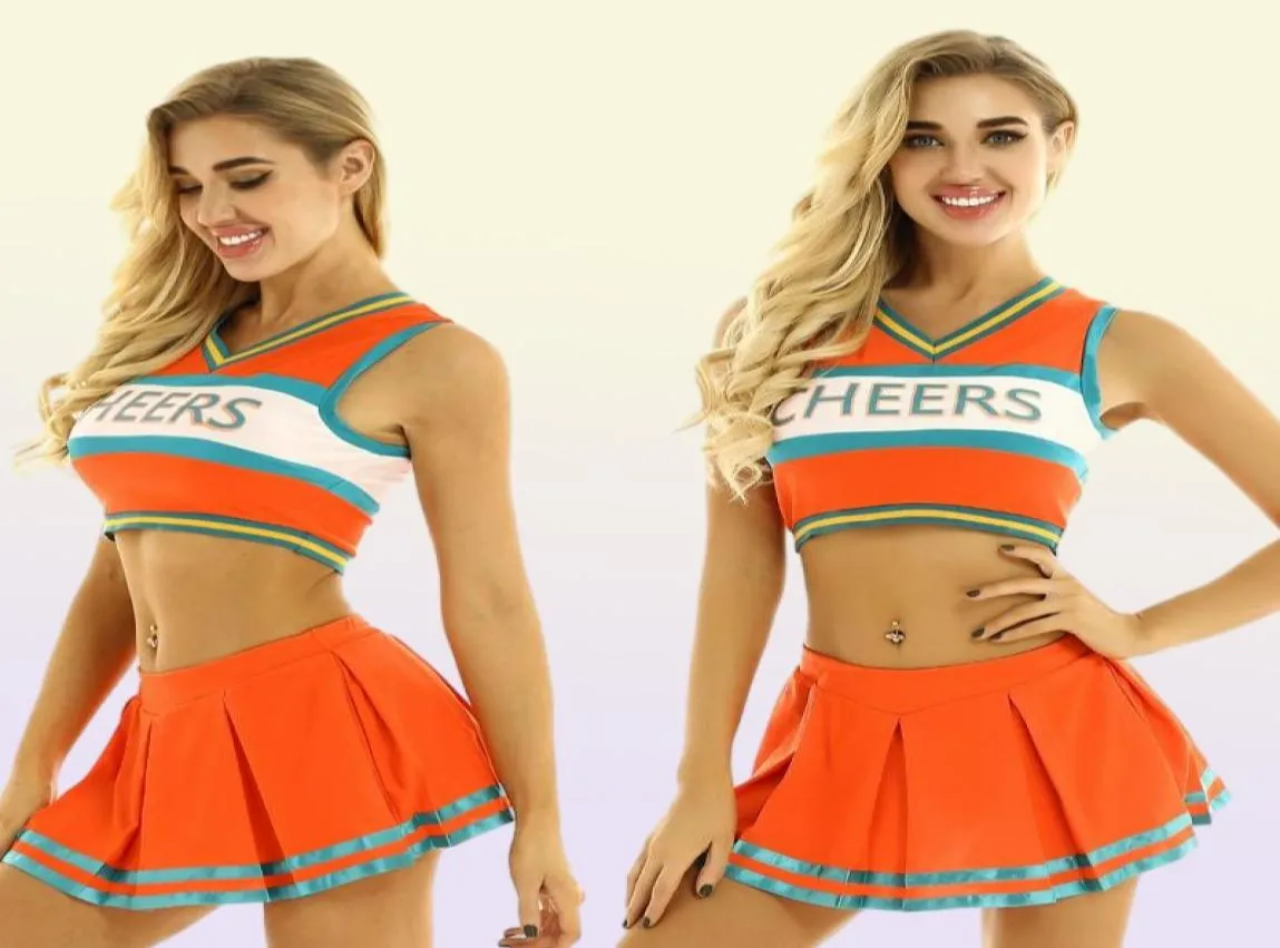 Женский костюм черлидинга Cheerleader Uniform Костюм Косплей Rave Outfit V-образный вырез без рукавов Укороченный топ без рукавов с мини-плиссированной юбкой F7375653