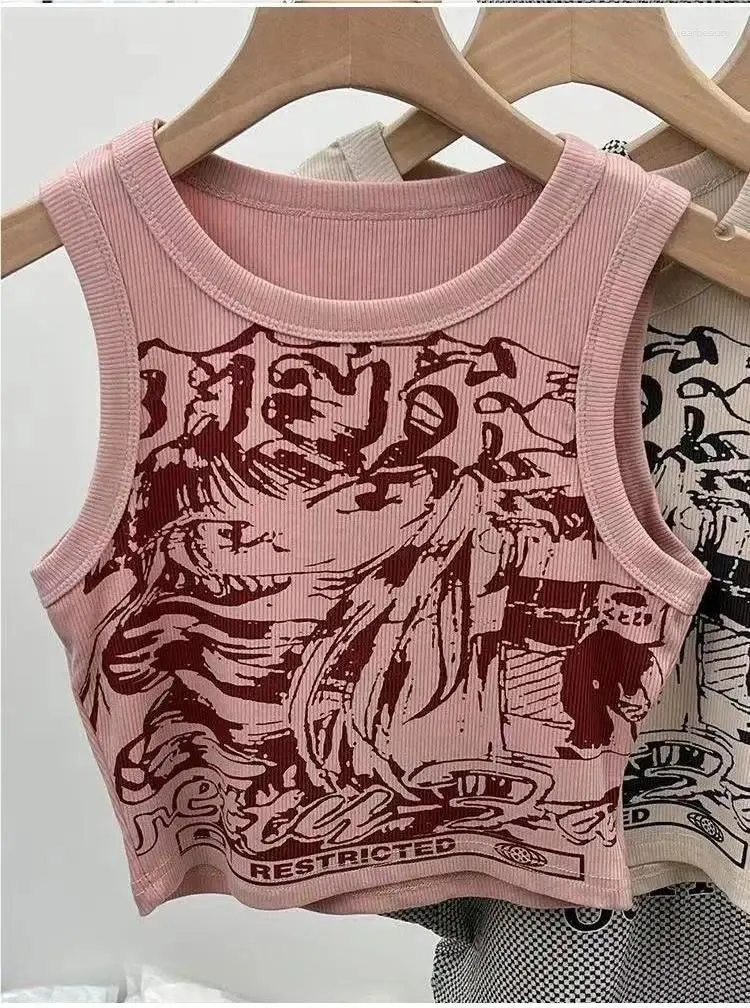 Kvinnors tankar Amerikanska retro kvinnor tryck ärmlös skördetoppstoppar Sexig väst kort t-shirt punk girl streetwear camisole