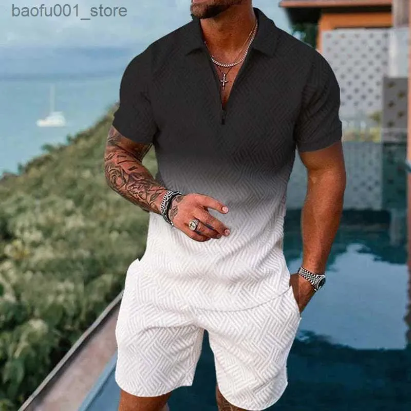 Herrspårar med solid färggradient tryckt herr sportkläder set sommar casual dragkött polo skjorta och shorts 2-stycken set trend mens dragkedja kläder q240228