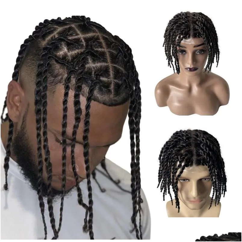 Perruques pour enfants pour hommes Remplacement de cheveux humains vierges brésiliens 200% Densité 1 Jet Black Twist Tresses Noeuds Peau Pu Toupée Pour Hommes Drop Dhkzm