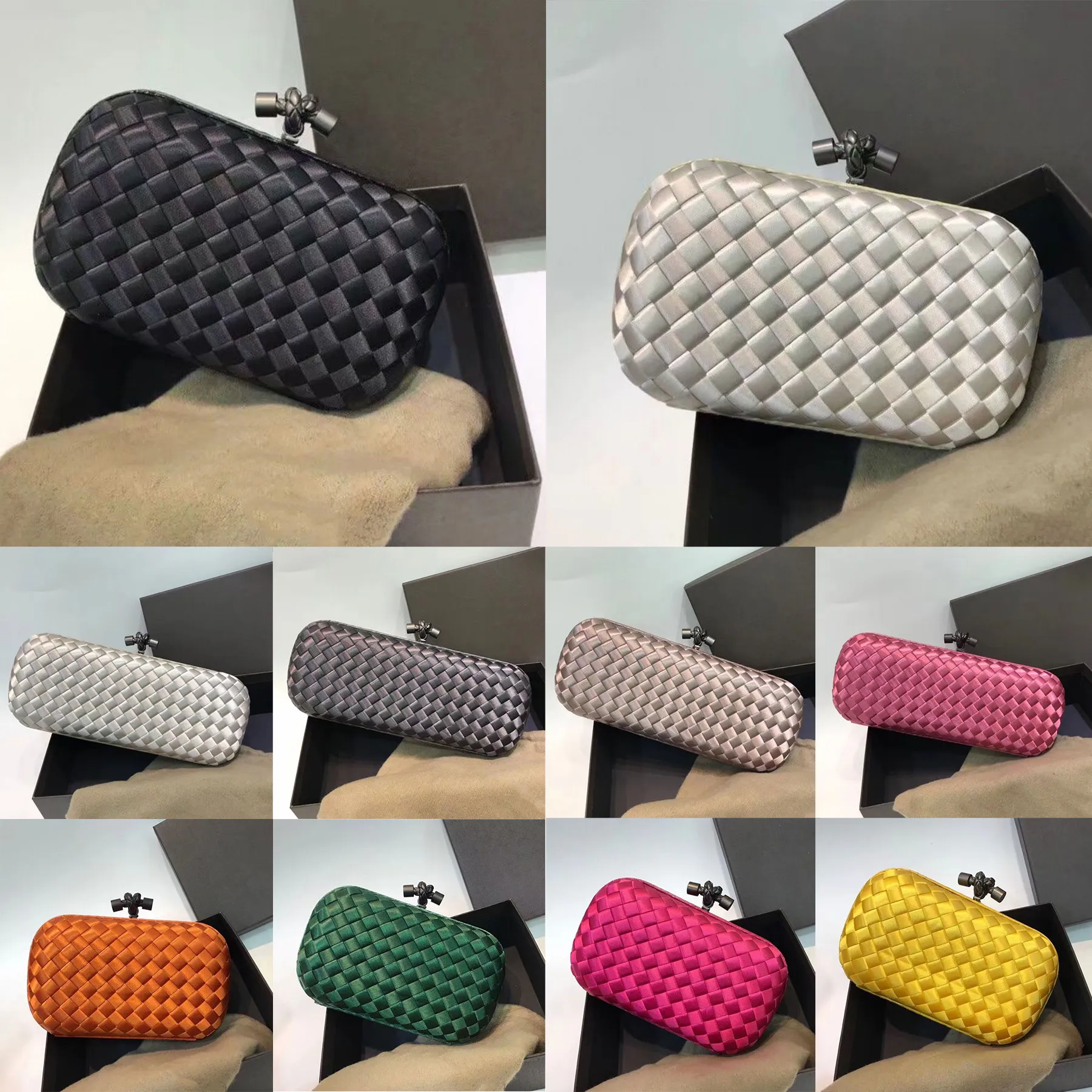 Top qualité Noeud Minaudiere Sac de soirée Designer de luxe Foulard Intreccio Pochettes en cuir Muse Finition en laiton Femmes Soie Weave Stretch Box Lady Sac à bandoulière