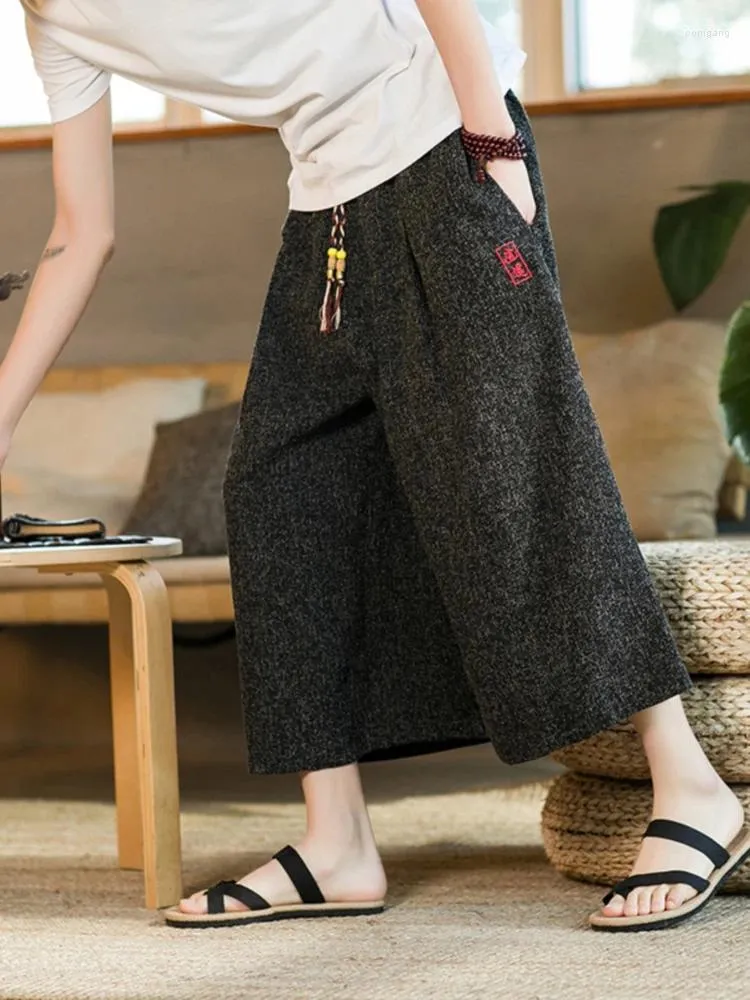 Shorts masculinos casuais cor sólida estilo chinês linho primavera e verão solto tamanho médio cintura micro elástico anti-rugas