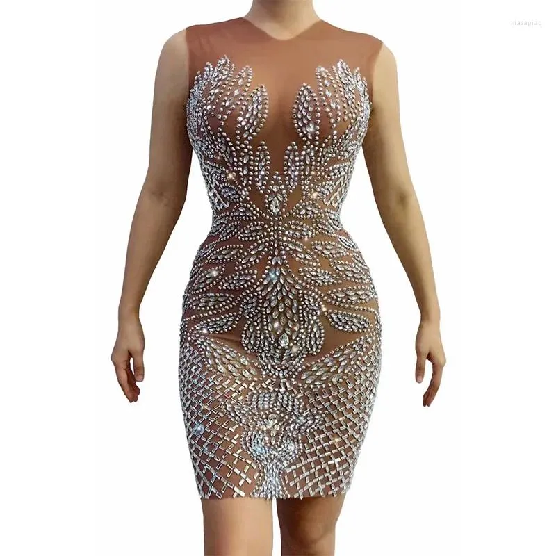 Bühnenkleidung Frauen Silber Strass Transparent Braun Kurzes Kleid Tänzerin Show Sexy Outfit Abend Geburtstag Feiern Party Club Kostüm