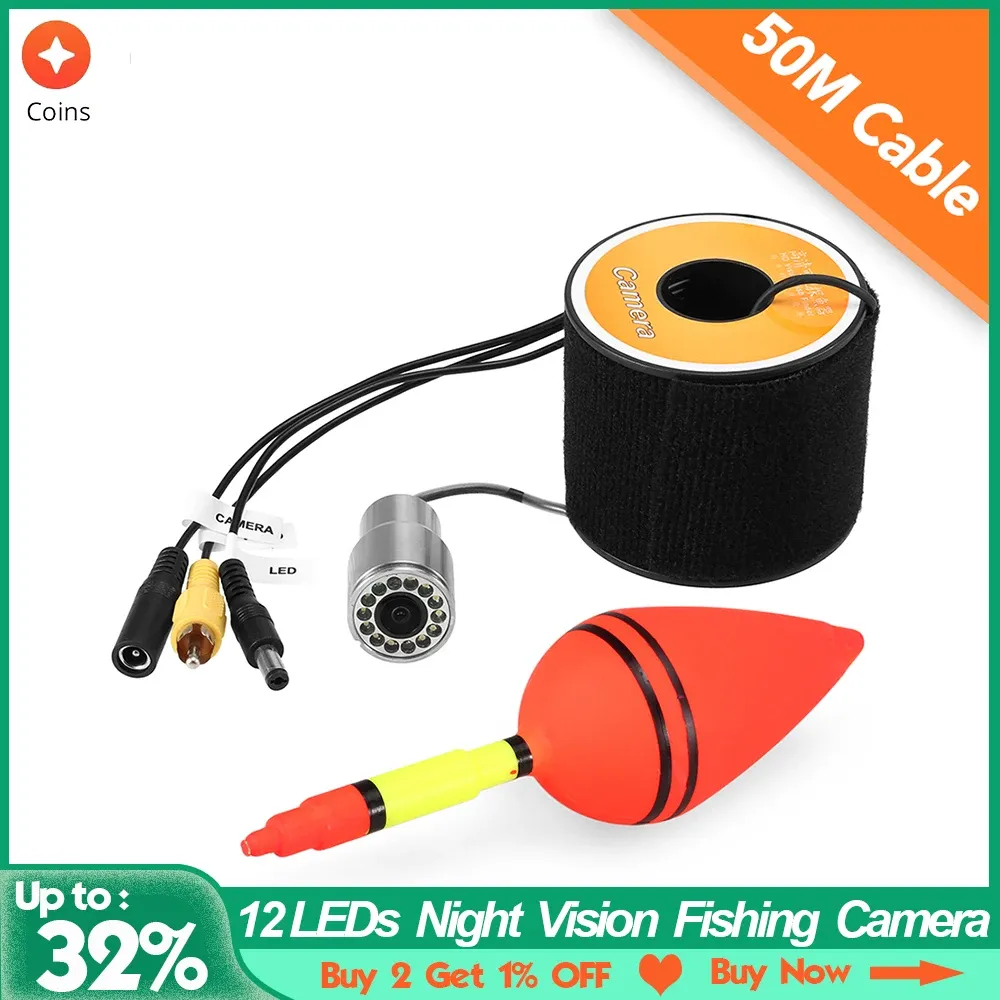 Localizador de pesca com visão noturna, 12 leds, câmera subaquática 1200tvl, à prova d'água, formato de peixe, barco, localizador de pesca no gelo com cabo de 15m/50m