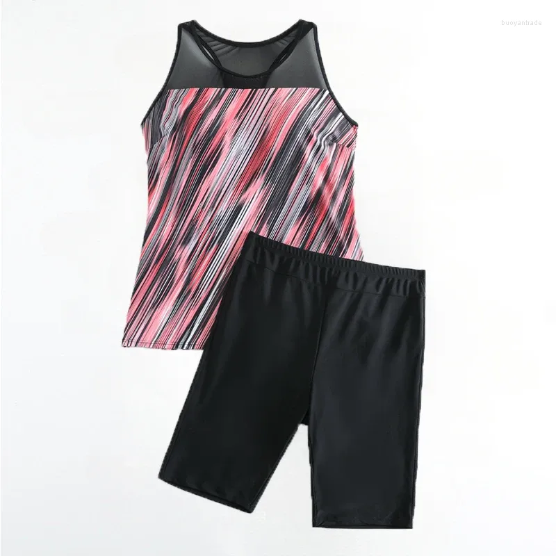 Dames Zwemkleding Roze Gestreepte Print 2-delige bikini voor dames 2024 Zomer Tankini U-hals Mesh Ademend Ruglooze Badpak Strand