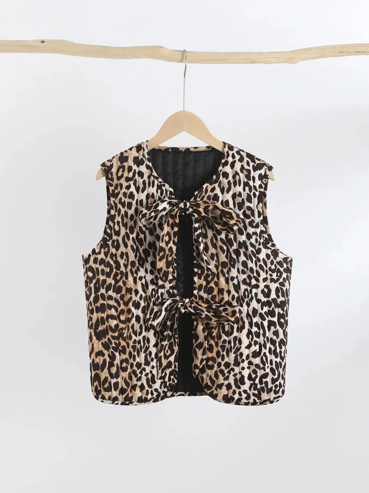 Street Leopard Print Bow Kamizel Kamizelka Y2K moda Vneck up lady wiosna letnie elegancka bez rękawów żeńska odzież 240228