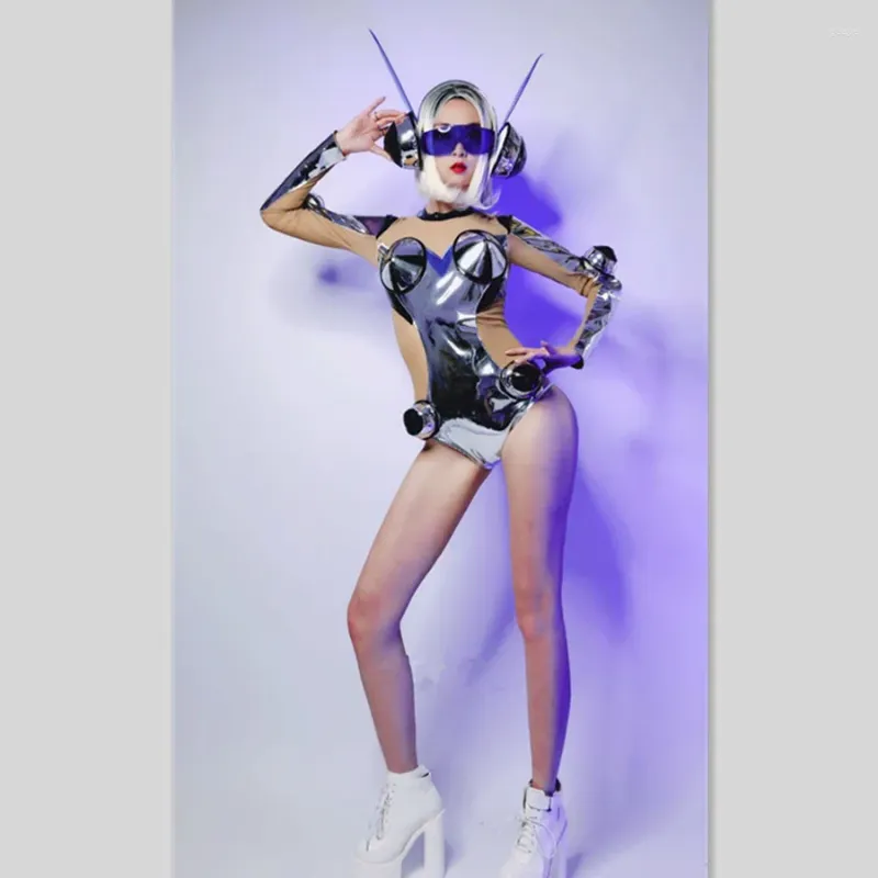 Scene Wear Nightclub Party Show Clothes Lady Warrior Cosplay Costume Silver Laser Reflective Bodysuit Headdress Sexig Space Dance Outfit Bar