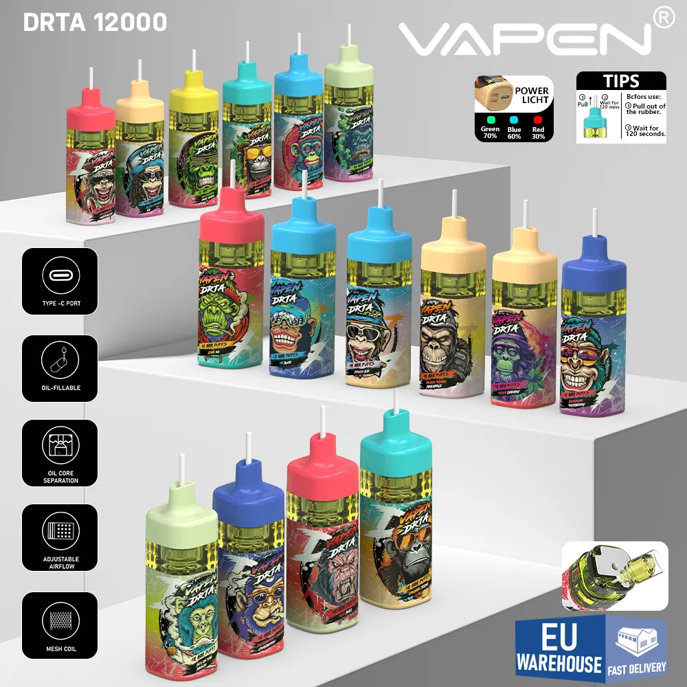 Eu Duitsland magazijnbladerdeeg 12000 VAPEN DRTA 12000 Bladerdeeg 12k Hervulbare Vape Bladerdeeg 12000 E-sigaret 650mAh wegwerp vape razz bar 10k 12k bladerdeeg Met LED-zaklamp