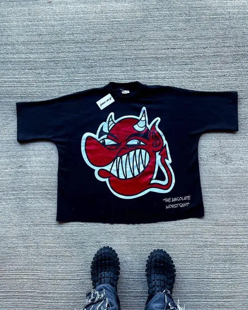 Мужские рубашки дьявол граффити готический панк-печатный футболка с коротки
