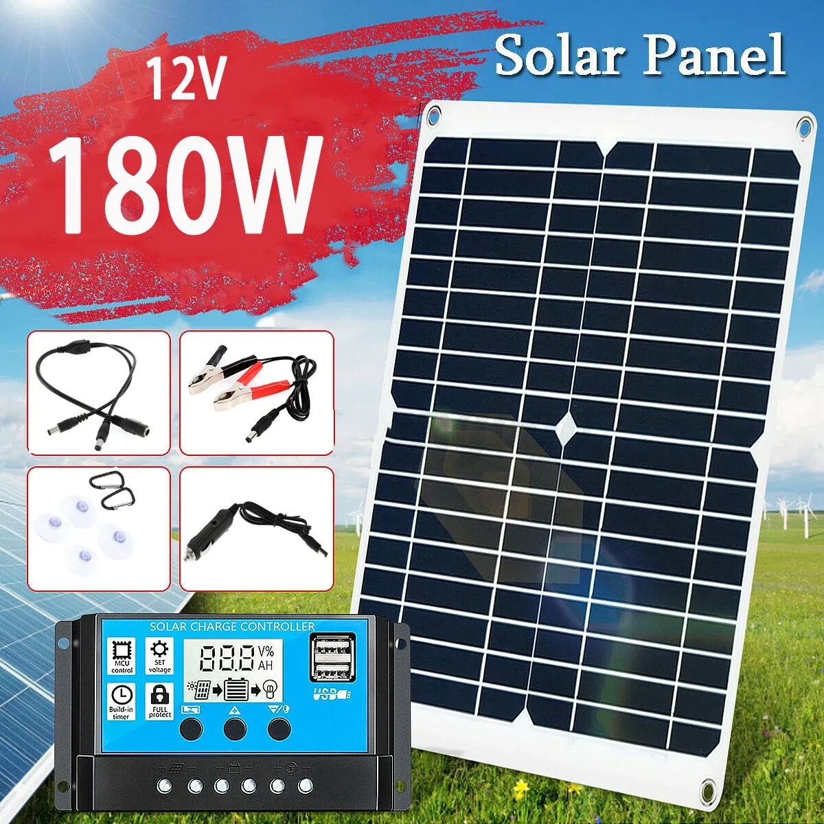 Kit pannello solare protettivo solare 180W 12V Doppia porta USB Accumulatori e caricabatterie di riserva con caricatore controller 20A Luci da campeggio per yacht all'aperto