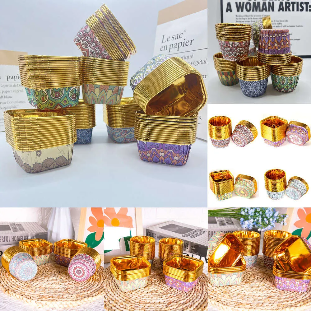 New 50Pcs Gold Liners Eid Mubarak Muslim Pattern Foil Muffin Baking Cupcake Wrappers Holder For Ramadan Islamic Party Decor