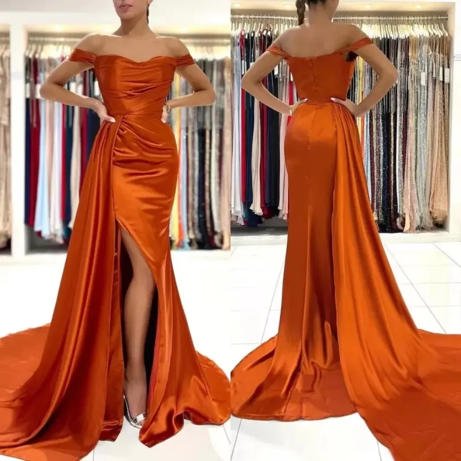 Fora do ombro split side alta sexy laranja vestidos de baile manga boné plus size casal vestidos de noite bc11177