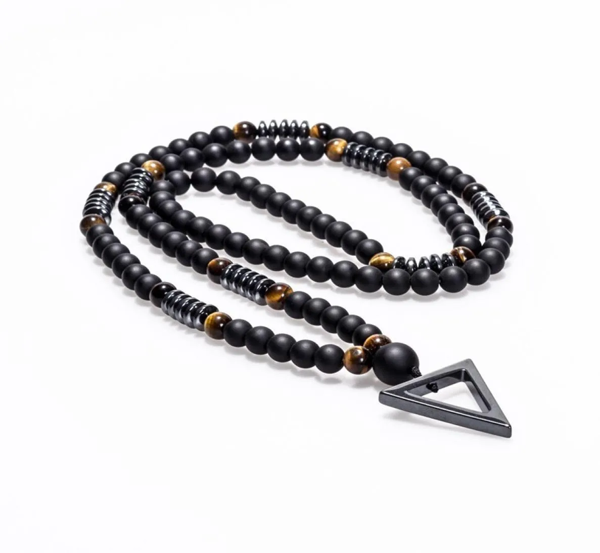 New Design Long Necklace 8MM Tiger Stone Bead Black Men039s Hematite Triangle Pendants Necklace Fashion Geometry Jewelry Gift5422235
