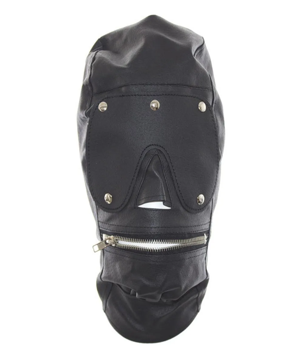 Erstklassige PU-Leder-Vollgesichtsmaske mit Reißverschluss, Maulkorb, offener Sklaven-Reißverschluss-Mund, vollständig geschlossene Kopfbedeckungshaube für Rollenspiele, sexy, A5029697