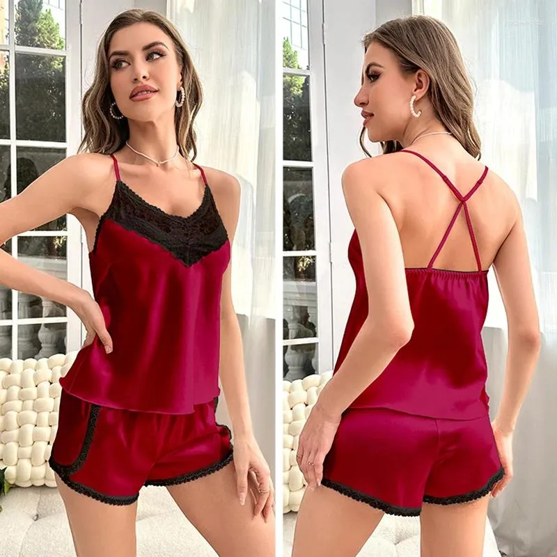 Pyjama d'été sans manches pour femmes, ensemble 2 pièces, haut et short soyeux, vêtements de nuit pour la maison