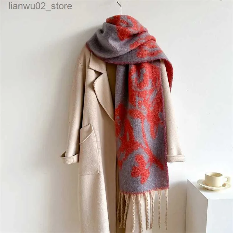 Scarves Abstract floral tassel blanket with thick Pashmina design for winter warmth shawl bag cashmere scarf womens neckline long raincoat Stoles 2023 Q240228