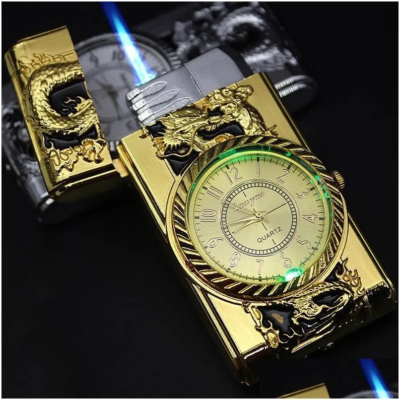 Lighters Sell Gold Windproof Watch Jet Lighter Torch Turbo Gas Cigar Cigarette Metal Led Inflated Gasoline Butane Men Drop Delivery Ho Dhmel