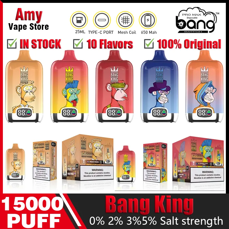 Original Bang King 15000 Puffs Digital Puff 15K Boîte de vape jetable 15000 Puffs Bobine de maille rechargeable 0% 2% 3% 5% 10 saveurs avec écran intelligent