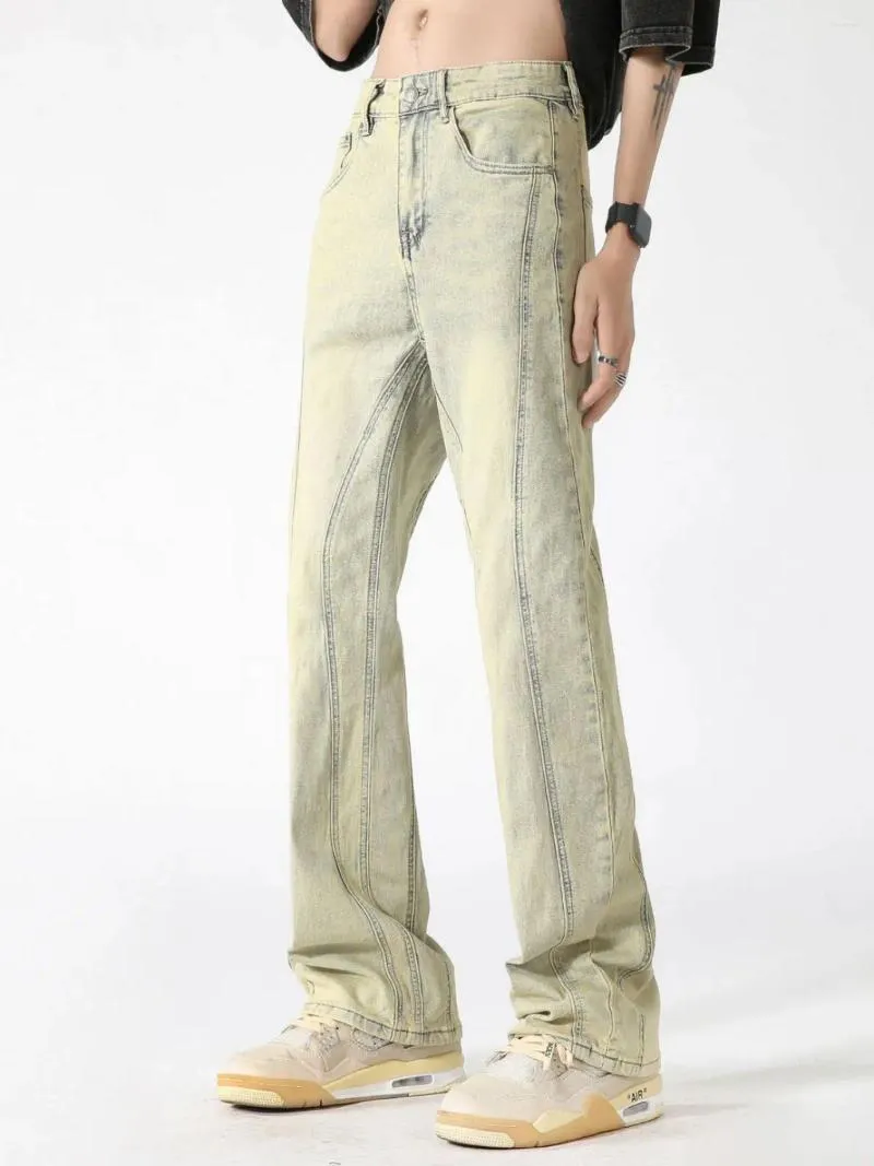 Pantaloni da uomo Patchwork Giallo Fango Denim Jeans Maschile di nicchia Americano Trendy Marchio Micro Svasato Display Alta larghezza Gambe dritte Contenitore