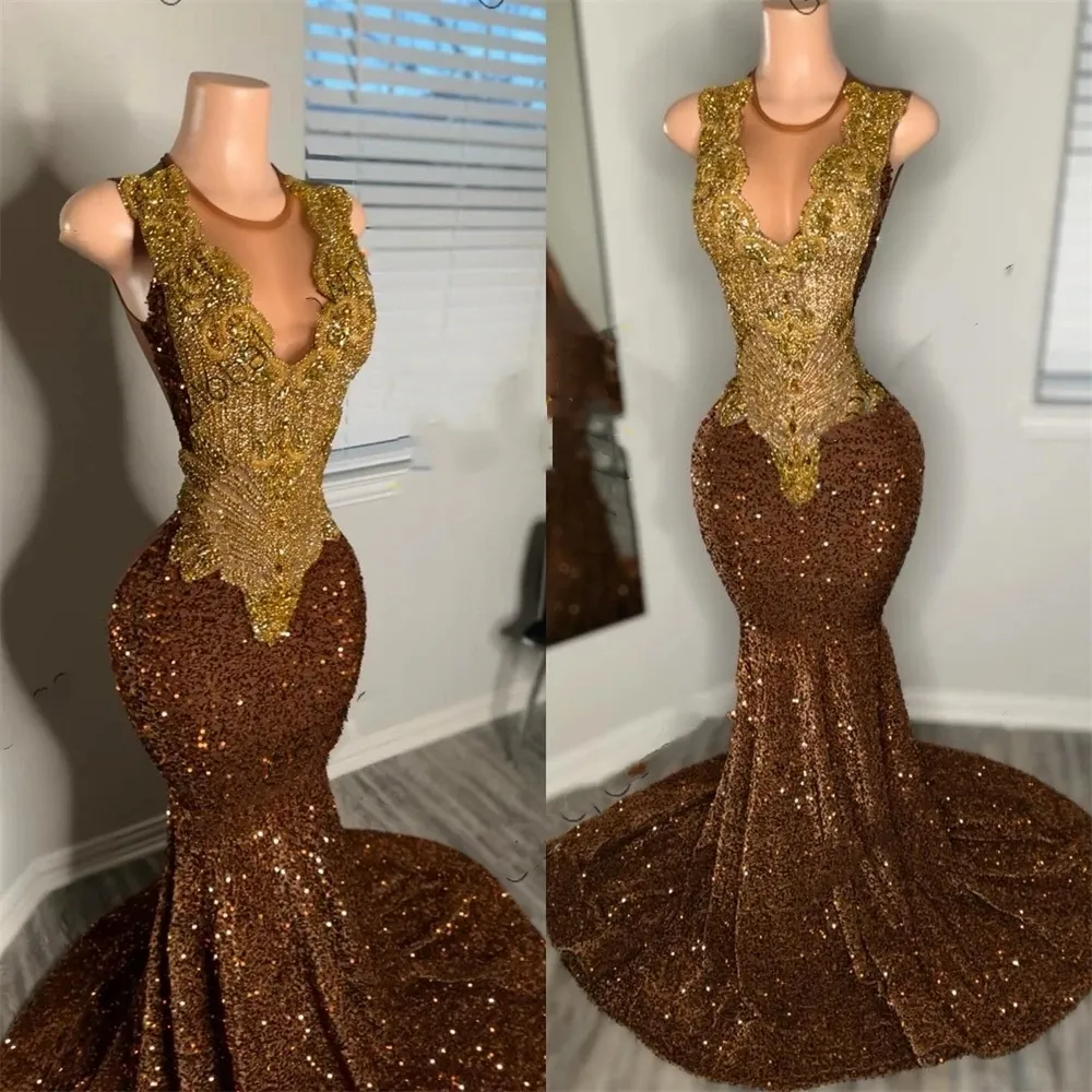 Robe de bal longue marron transparente à col rond pour filles noires, robes de fête d'anniversaire en cristal perlé et strass, robes de soirée à paillettes, 2024 Es Es Es es