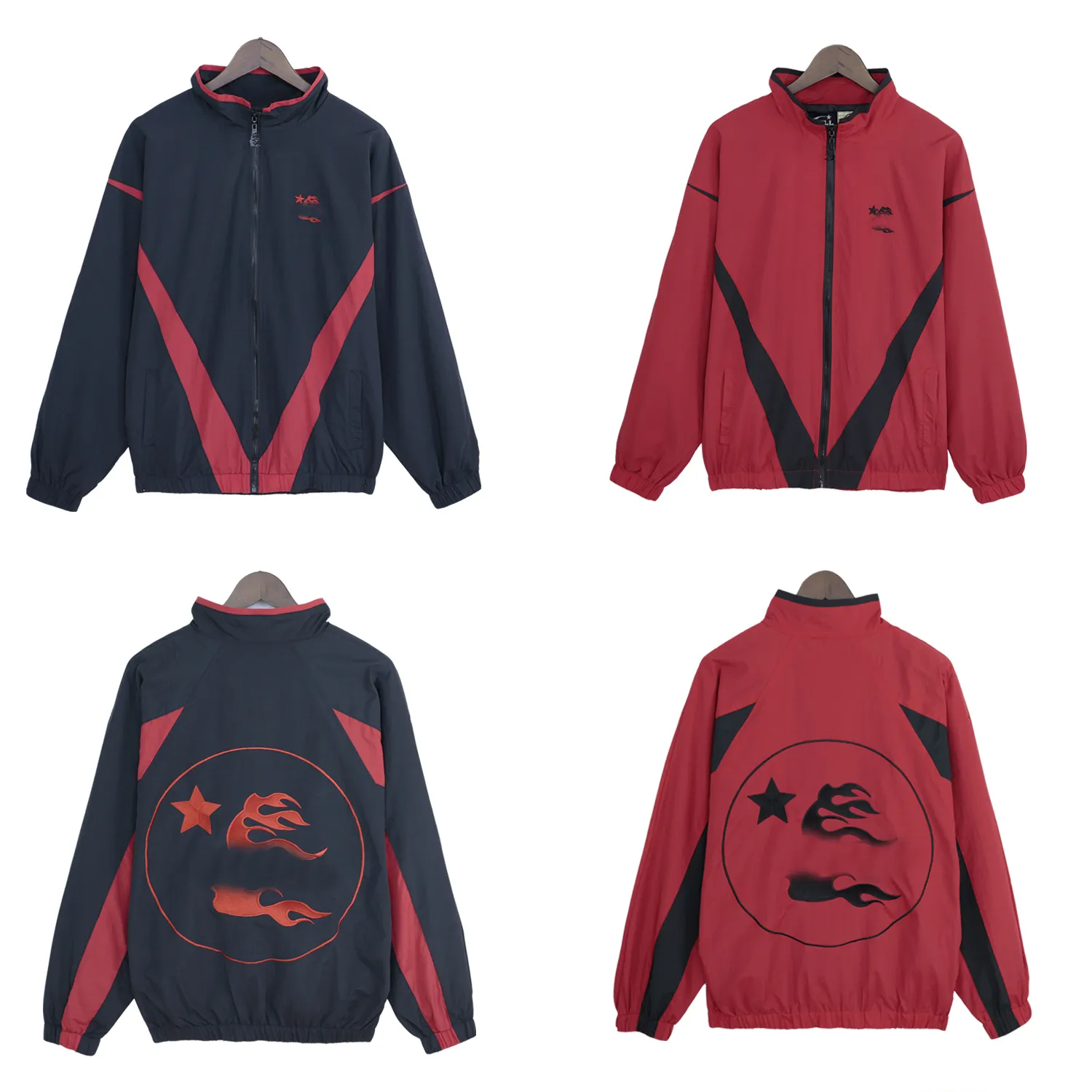 giacca da uomo giacca varsity cappotto firmato hellstar Giacca sportiva da strada con motivo ricamato a blocchi di colore rosso e nero Rosso, nero