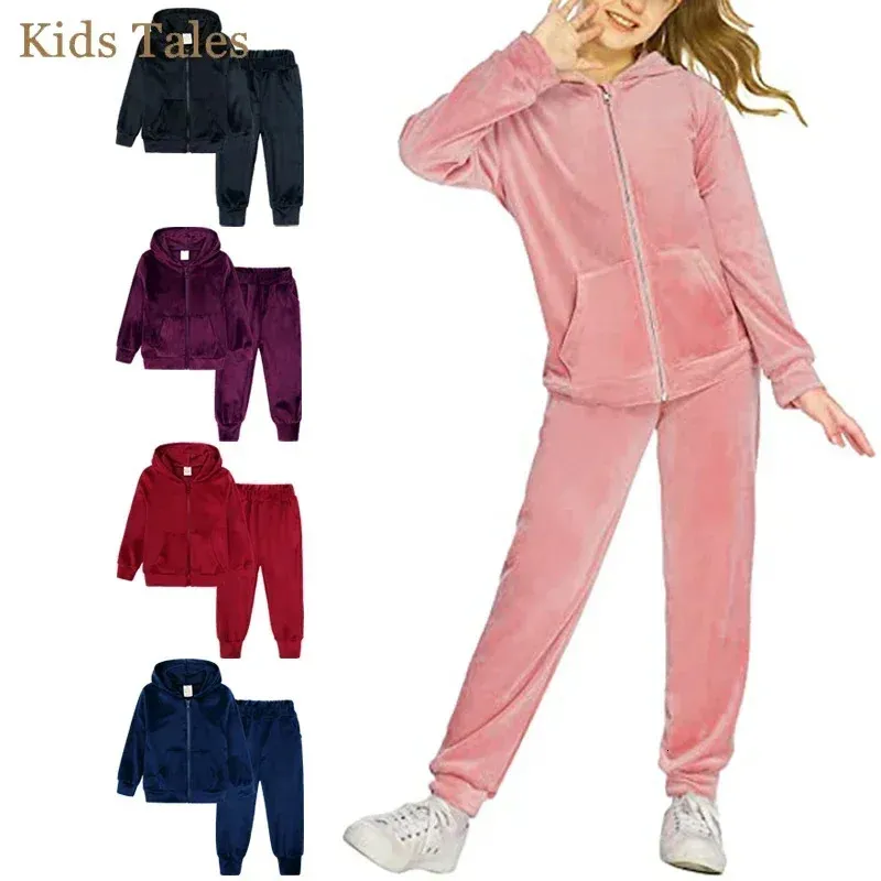 2 stuks kinderen jongens meisjes fluwelen hoodies outfits peuter baby winter lange mouw sweatshirt sweatpant trainingspak kinderkleding set 240226