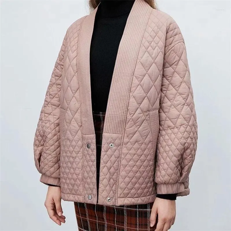 Feminino para baixo feminino 2024 moda com decote em v moderno xadrez manga comprida perfil solto jaqueta de algodão feminino outerwear chiques topos