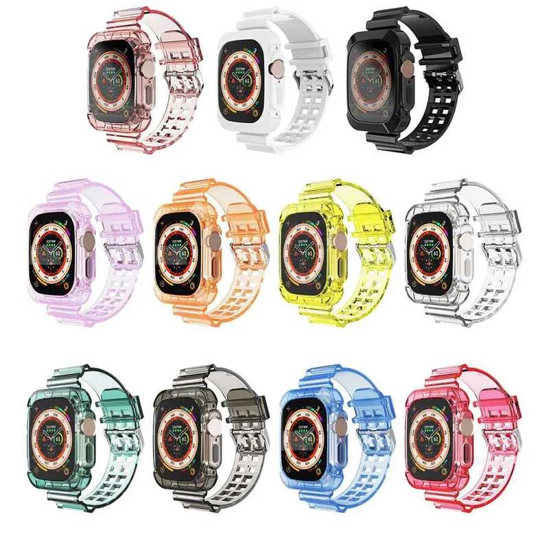Designer-TPU-Armbänder, Farbverlaufsband, Uhrengehäuse, Onepiece, vollständig schützende Ersatzarmbandbänder für Apple Watch iWatch Serie 8, 7, 6 SE, 5, 4, 3, Größe 4041 4445 mm, Ult